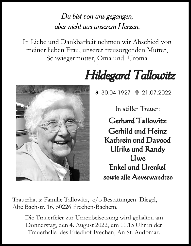  Traueranzeige für Hildegard Tallowitz vom 30.07.2022 aus Kölner Stadt-Anzeiger / Kölnische Rundschau / Express