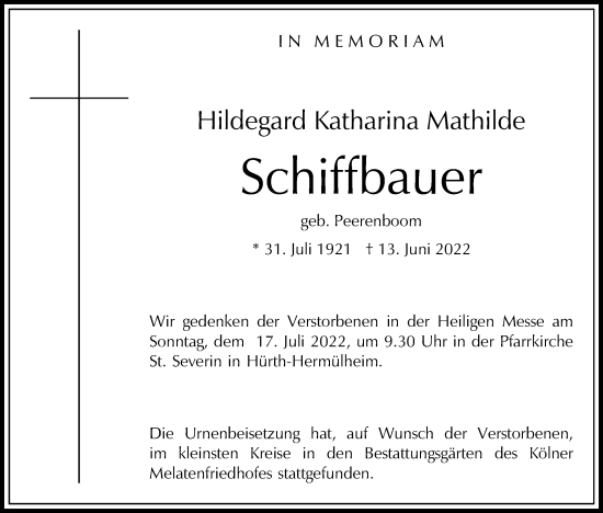 Anzeige von Hildegard Katharina Mathilde Schiffbauer von Kölner Stadt-Anzeiger / Kölnische Rundschau / Express
