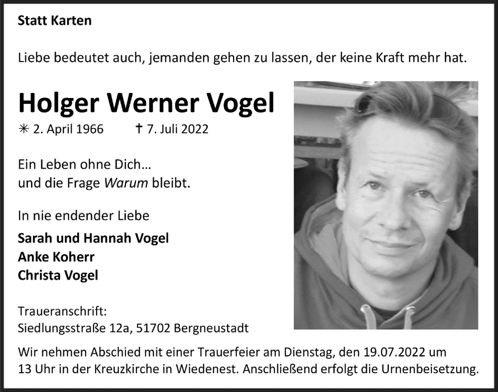  Traueranzeige für Holger Werner Vogel vom 15.07.2022 aus  Anzeigen Echo 