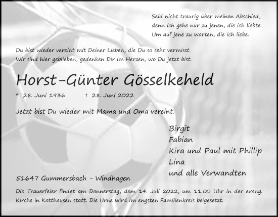 Anzeige von Horst-Günter Gösselkehelot von Kölner Stadt-Anzeiger / Kölnische Rundschau / Express
