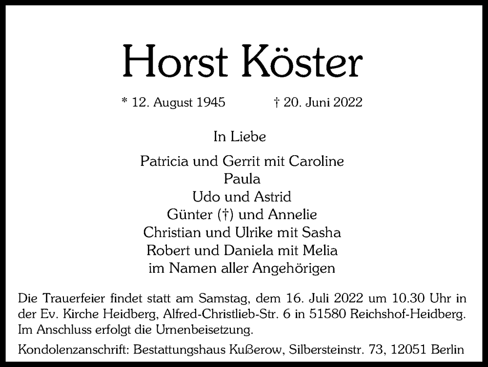  Traueranzeige für Horst Köster vom 09.07.2022 aus Kölner Stadt-Anzeiger / Kölnische Rundschau / Express