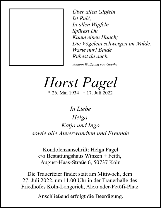 Anzeige von Horst Pagel von Kölner Stadt-Anzeiger / Kölnische Rundschau / Express