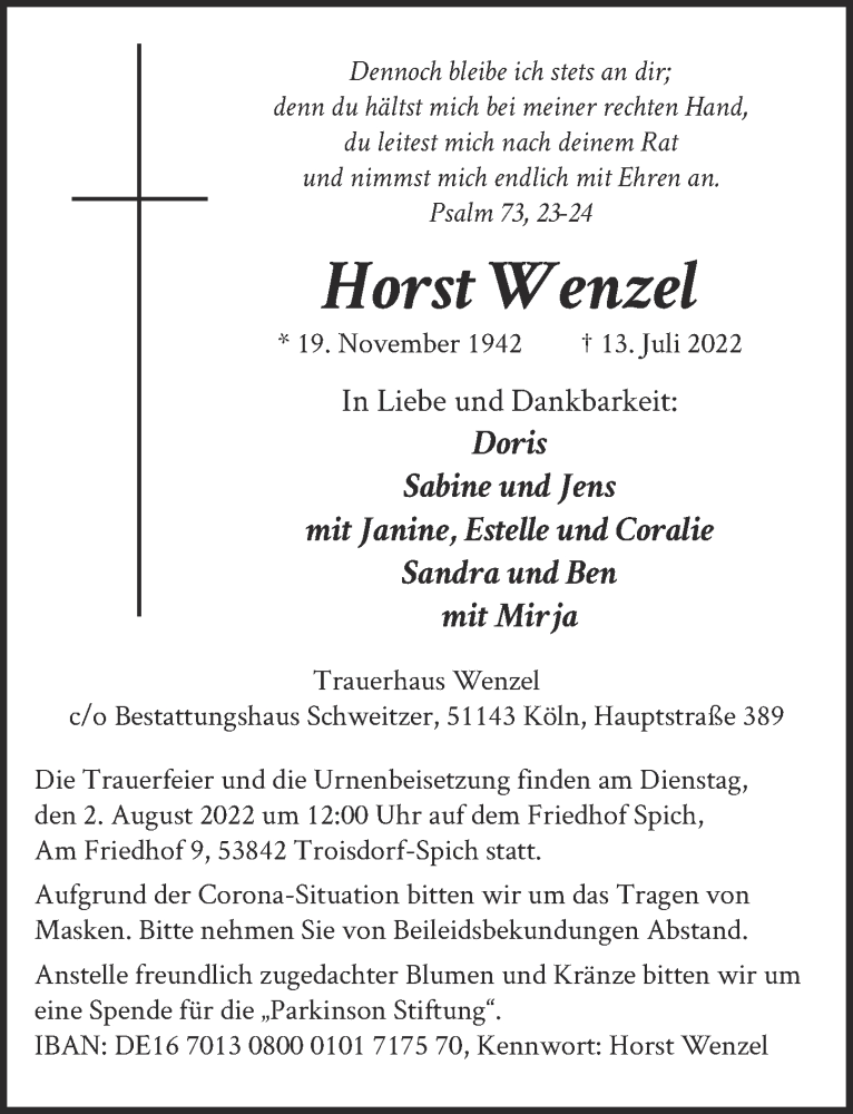  Traueranzeige für Horst Wenzel vom 22.07.2022 aus  EXPRESS - Die Woche 