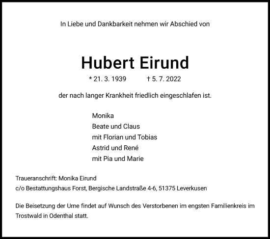 Anzeige von Hubert Eirund von Kölner Stadt-Anzeiger / Kölnische Rundschau / Express
