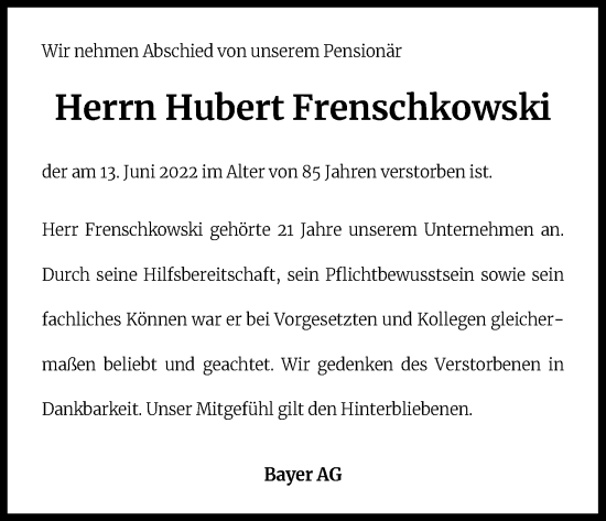 Anzeige von Hubert Frenschkowski von Kölner Stadt-Anzeiger / Kölnische Rundschau / Express