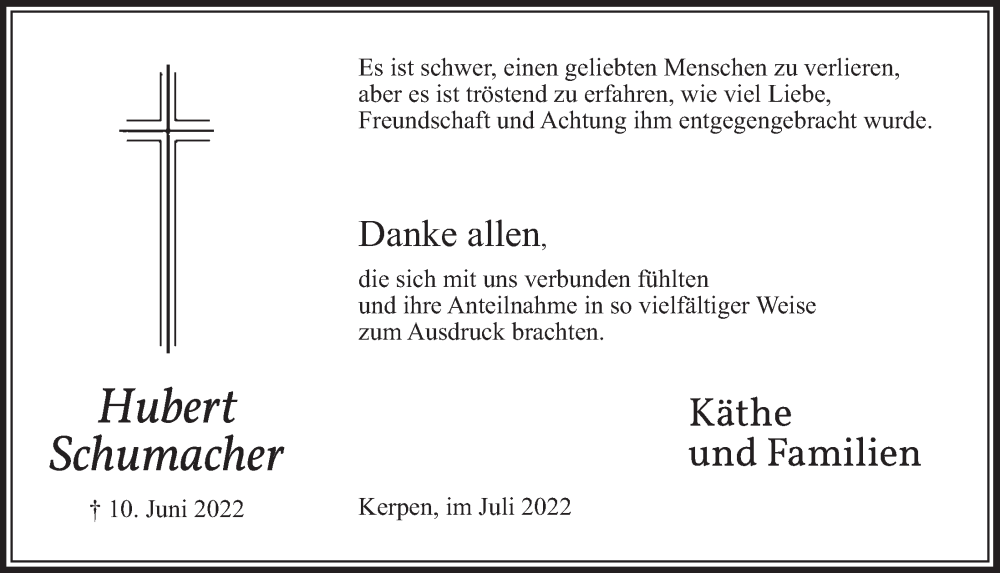  Traueranzeige für Hubert Schumacher vom 22.07.2022 aus  Werbepost 