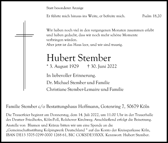Anzeige von Hubert Stember von Kölner Stadt-Anzeiger / Kölnische Rundschau / Express