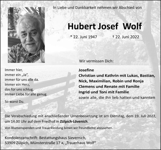 Anzeige von Hubert Josef Wolf von  Blickpunkt Euskirchen 