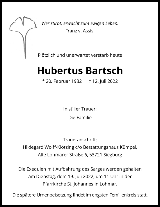 Anzeige von Hubertus Bartsch von Kölner Stadt-Anzeiger / Kölnische Rundschau / Express
