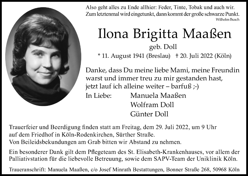  Traueranzeige für Ilona Brigitta Maaßen vom 23.07.2022 aus Kölner Stadt-Anzeiger / Kölnische Rundschau / Express