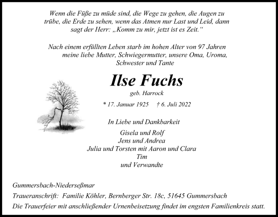 Anzeige von Ilse Fuchs von Kölner Stadt-Anzeiger / Kölnische Rundschau / Express
