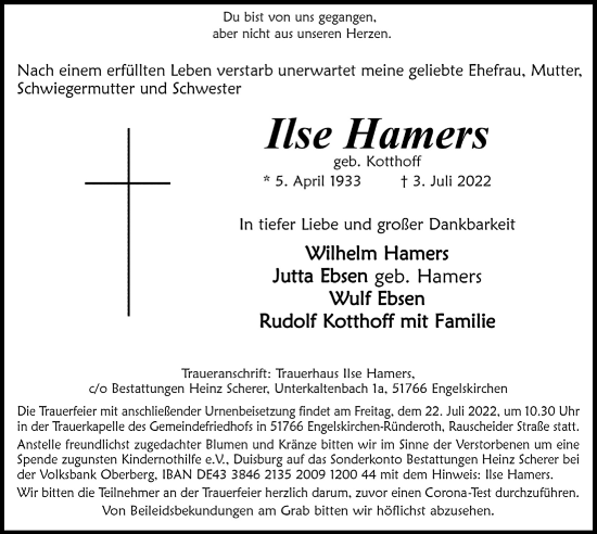 Anzeige von Ilse Hamers von  Anzeigen Echo 