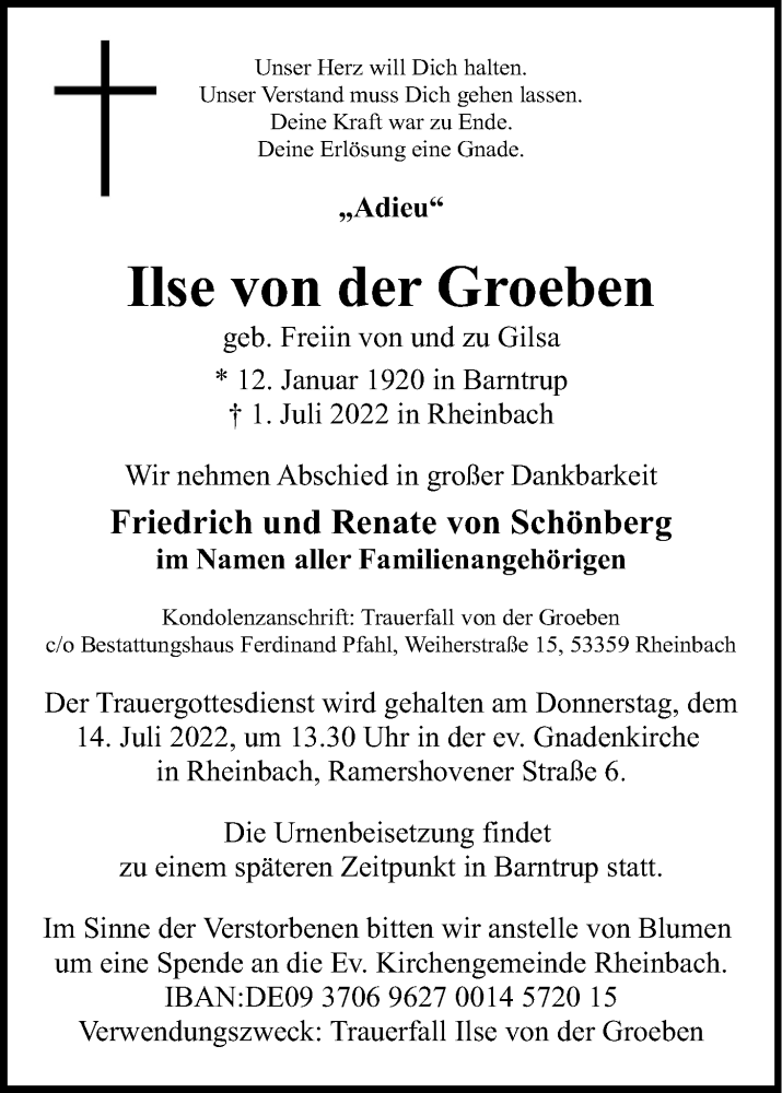  Traueranzeige für Ilse von der Groeben vom 09.07.2022 aus Kölner Stadt-Anzeiger / Kölnische Rundschau / Express