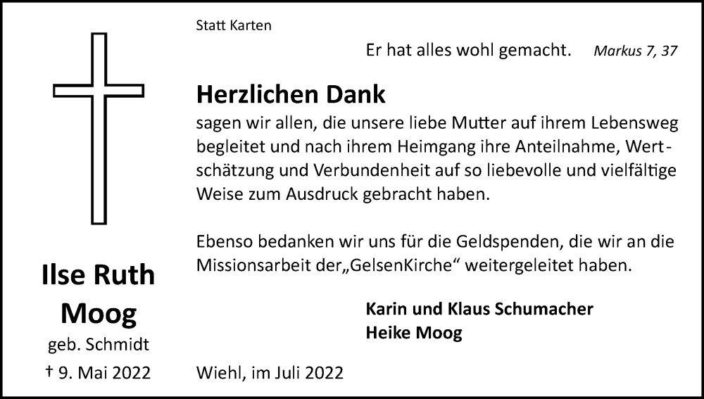  Traueranzeige für Ilse Ruth Moog vom 23.07.2022 aus Kölner Stadt-Anzeiger / Kölnische Rundschau / Express