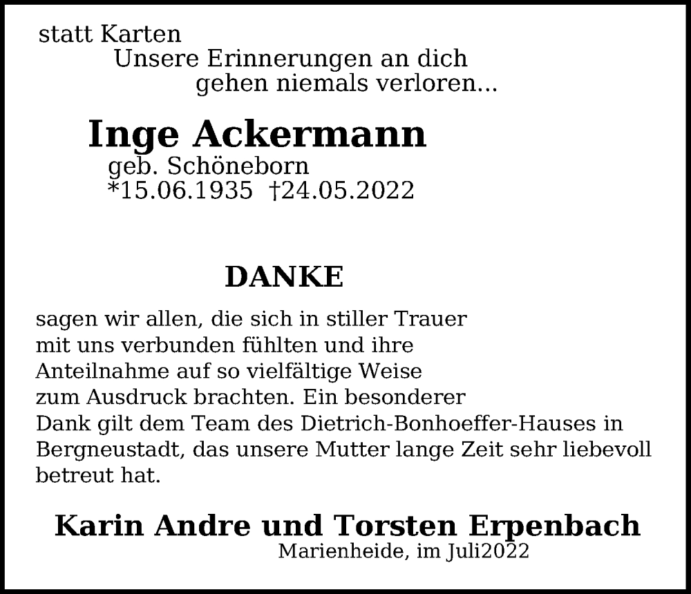  Traueranzeige für Inge Ackermann vom 02.07.2022 aus Kölner Stadt-Anzeiger / Kölnische Rundschau / Express