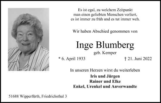 Anzeige von Inge Blumberg von Kölner Stadt-Anzeiger / Kölnische Rundschau / Express