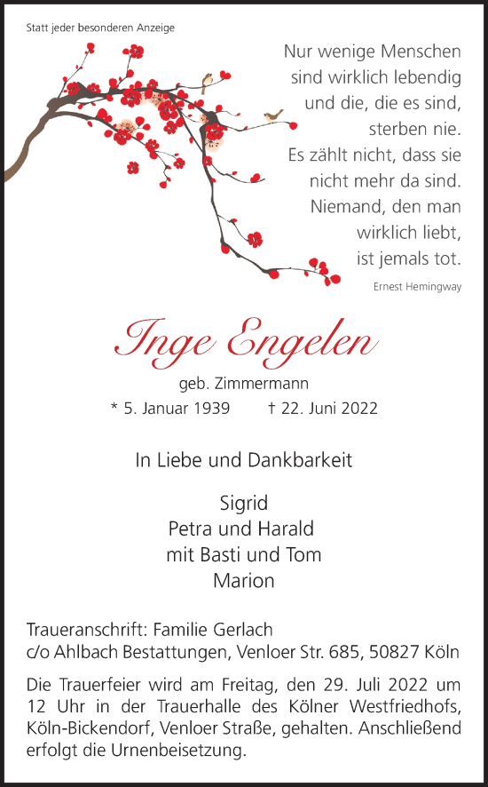 Anzeige von Inge Engelen von Kölner Stadt-Anzeiger / Kölnische Rundschau / Express