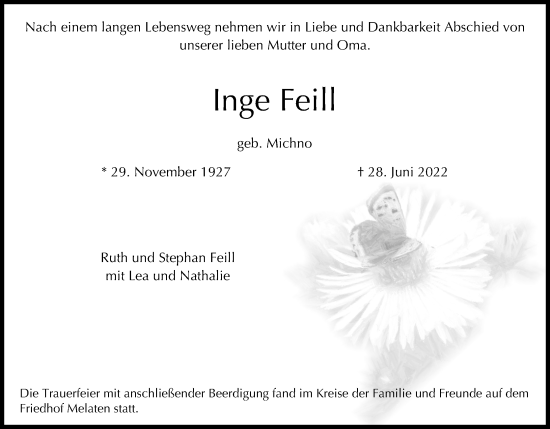Anzeige von Inge Feill von Kölner Stadt-Anzeiger / Kölnische Rundschau / Express