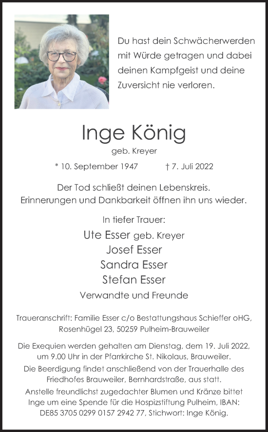 Anzeige von Inge König von Kölner Stadt-Anzeiger / Kölnische Rundschau / Express