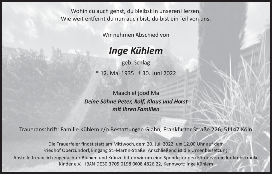 Anzeige von Inge Kühlem von  EXPRESS - Die Woche 