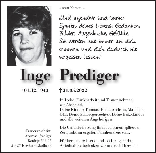 Anzeige von Inge Prediger von  Extra Blatt 