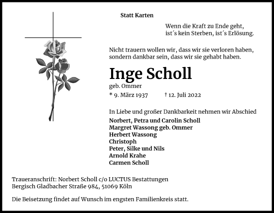 Anzeige von Inge Scholl von Kölner Stadt-Anzeiger / Kölnische Rundschau / Express