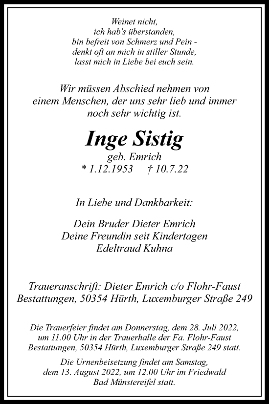 Anzeige von Inge Sistig von Kölner Stadt-Anzeiger / Kölnische Rundschau / Express
