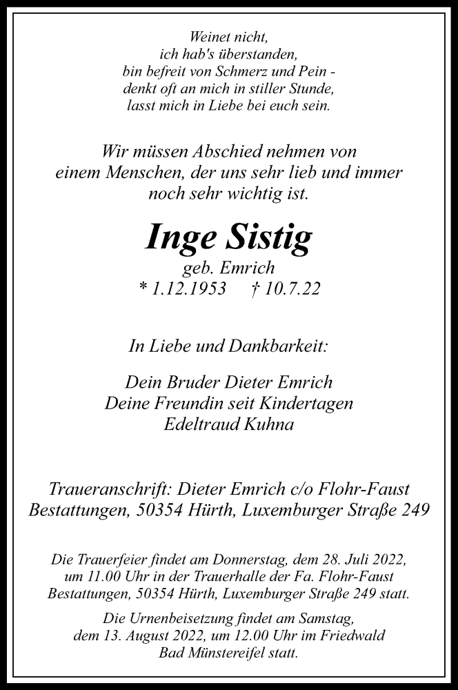  Traueranzeige für Inge Sistig vom 23.07.2022 aus Kölner Stadt-Anzeiger / Kölnische Rundschau / Express