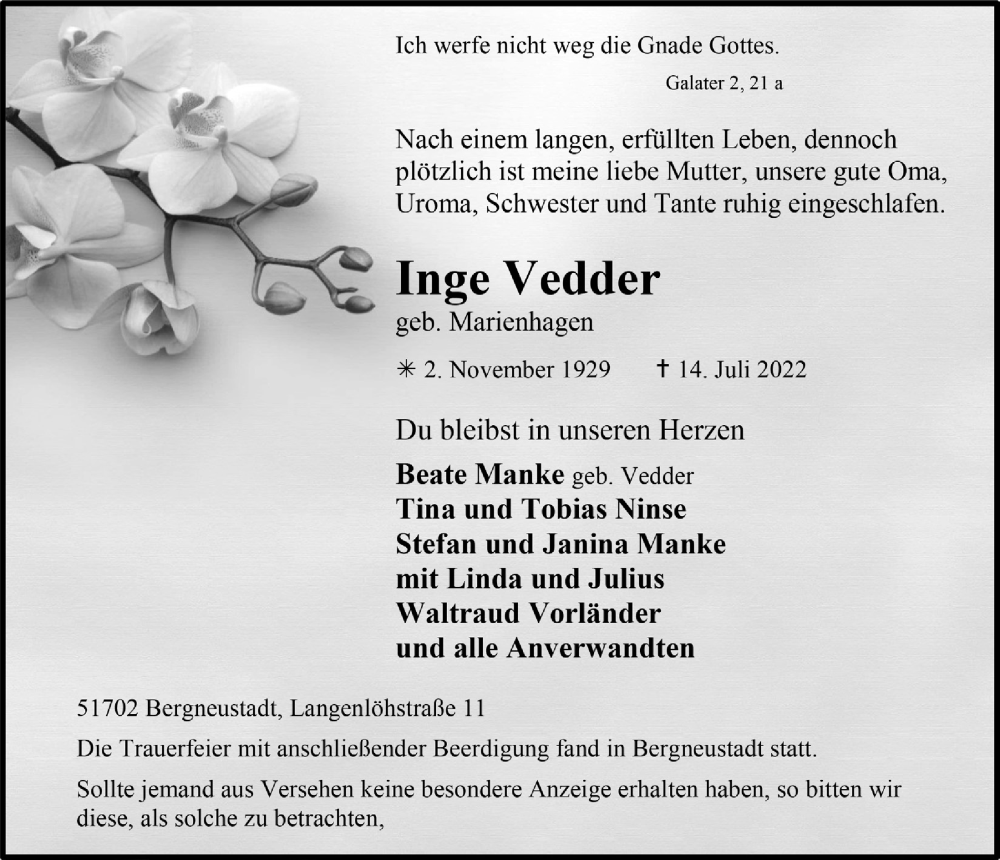  Traueranzeige für Inge Vedder vom 22.07.2022 aus  Anzeigen Echo  Lokalanzeiger 