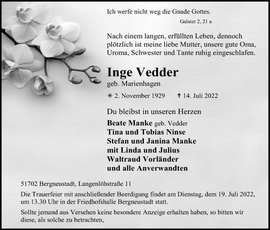 Anzeige von Inge Vedder von Kölner Stadt-Anzeiger / Kölnische Rundschau / Express