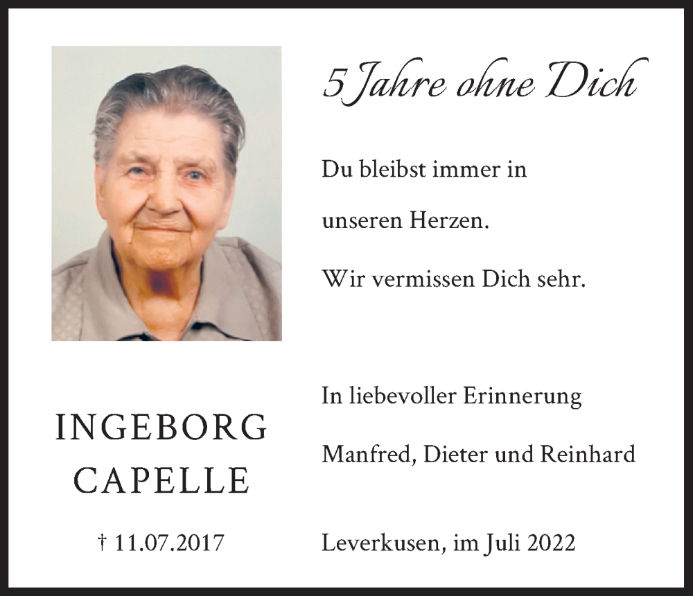  Traueranzeige für Ingeborg Capelle vom 11.07.2022 aus Kölner Stadt-Anzeiger / Kölnische Rundschau / Express