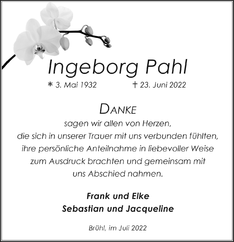  Traueranzeige für Ingeborg Pahl vom 29.07.2022 aus  Schlossbote/Werbekurier 