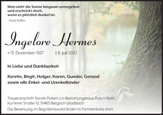 Anzeige von Ingelore Hermes von Kölner Stadt-Anzeiger / Kölnische Rundschau / Express