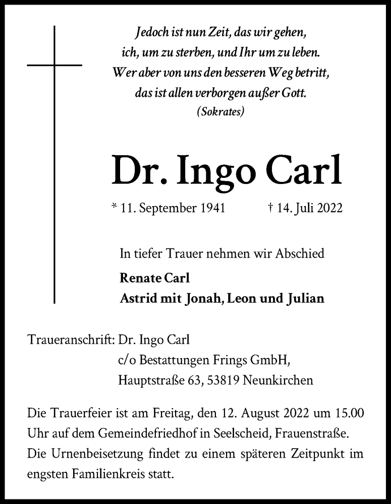  Traueranzeige für Ingo Carl vom 30.07.2022 aus Kölner Stadt-Anzeiger / Kölnische Rundschau / Express