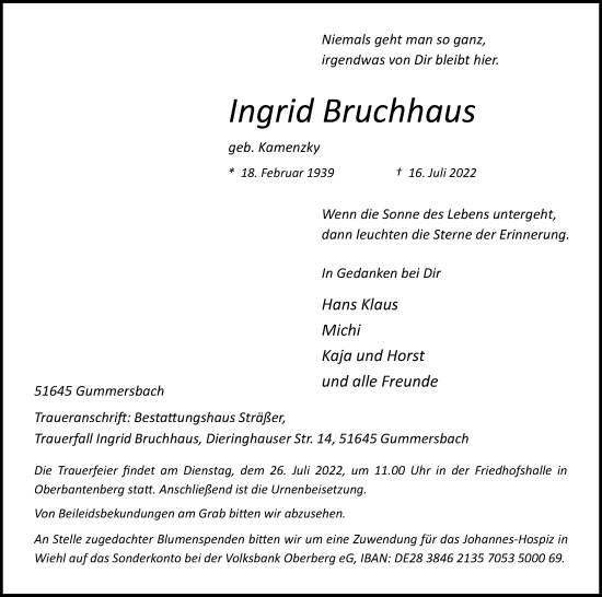 Anzeige von Ingrid Bruchhaus von Kölner Stadt-Anzeiger / Kölnische Rundschau / Express