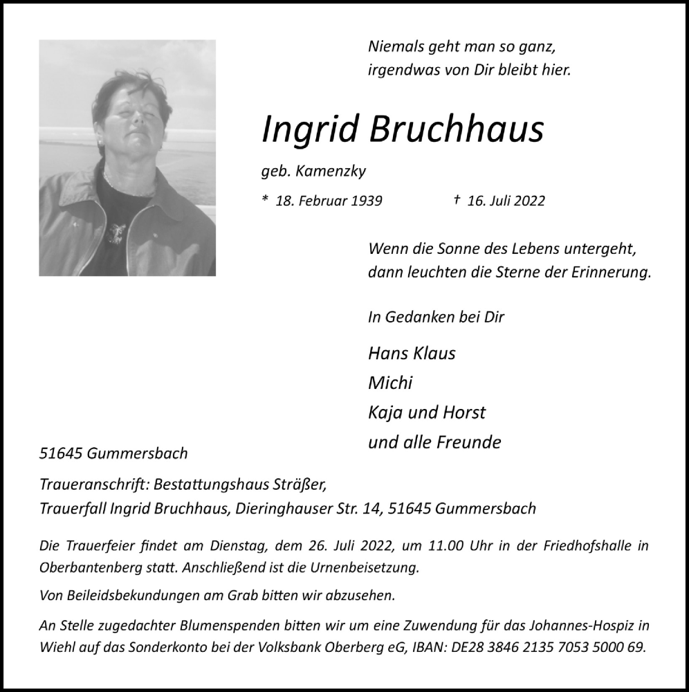  Traueranzeige für Ingrid Bruchhaus vom 22.07.2022 aus  Anzeigen Echo 