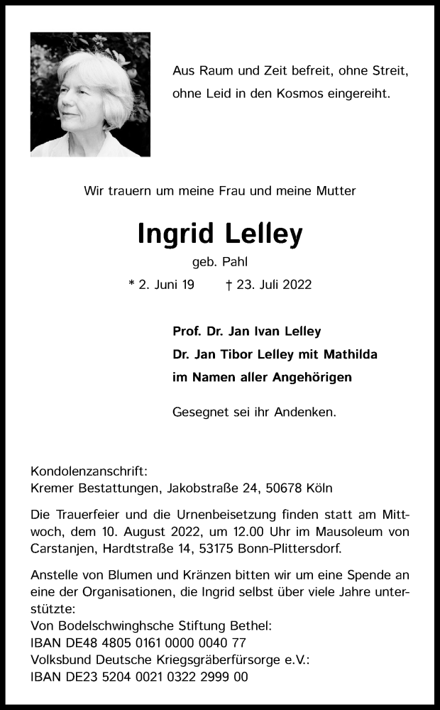  Traueranzeige für Ingrid Lelley vom 30.07.2022 aus Kölner Stadt-Anzeiger / Kölnische Rundschau / Express