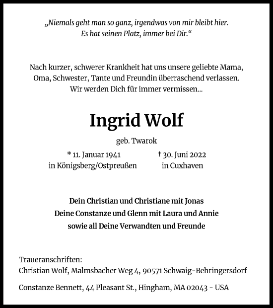 Anzeige von Ingrid Wolf von Kölner Stadt-Anzeiger / Kölnische Rundschau / Express