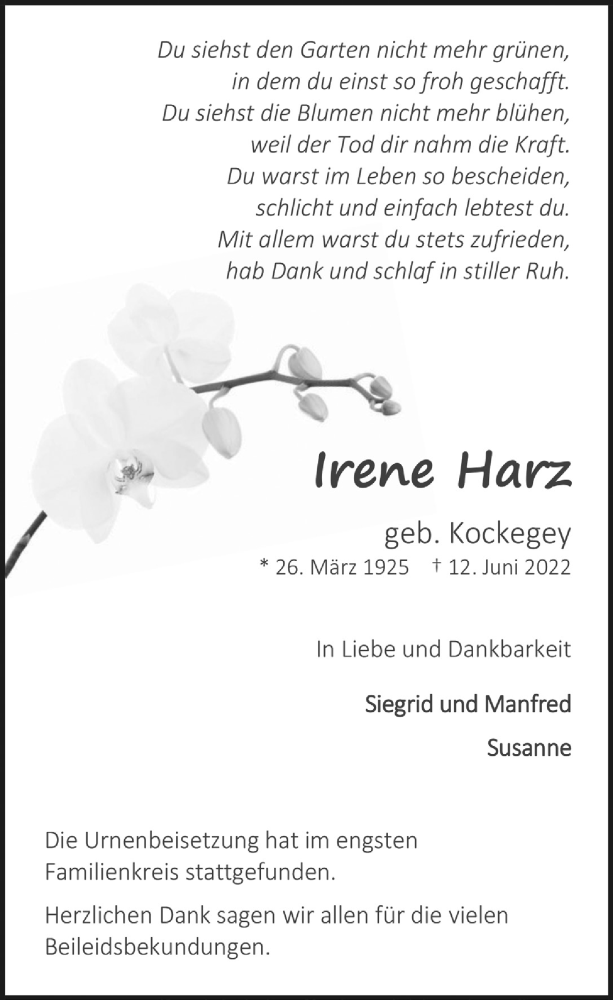  Traueranzeige für Irene Harz vom 08.07.2022 aus  Bergisches Handelsblatt 