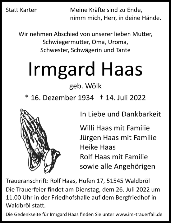 Anzeige von Irmgard Haas von  Lokalanzeiger 