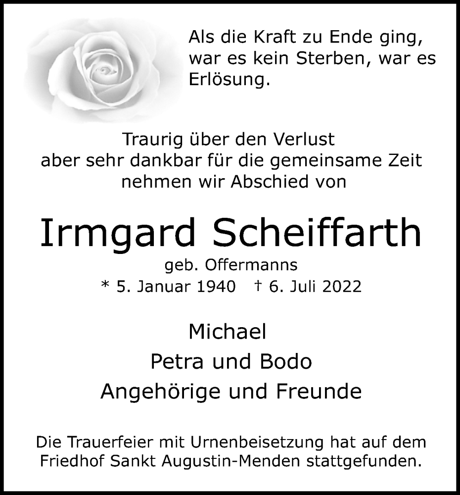  Traueranzeige für Irmgard Scheiffarth vom 30.07.2022 aus Kölner Stadt-Anzeiger / Kölnische Rundschau / Express