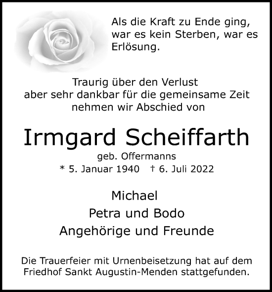 Anzeige von Irmgard Scheiffarth von Kölner Stadt-Anzeiger / Kölnische Rundschau / Express