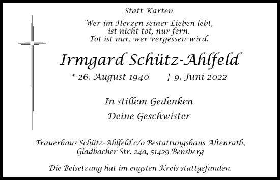 Anzeige von Irmgard Schütz-Ahlfeld von  Bergisches Handelsblatt 
