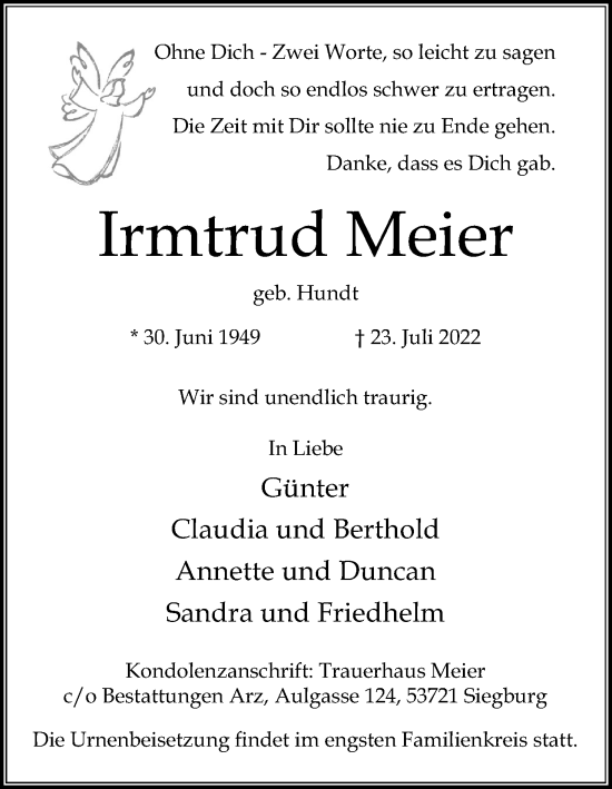 Anzeige von Irmtrud Meier von Kölner Stadt-Anzeiger / Kölnische Rundschau / Express