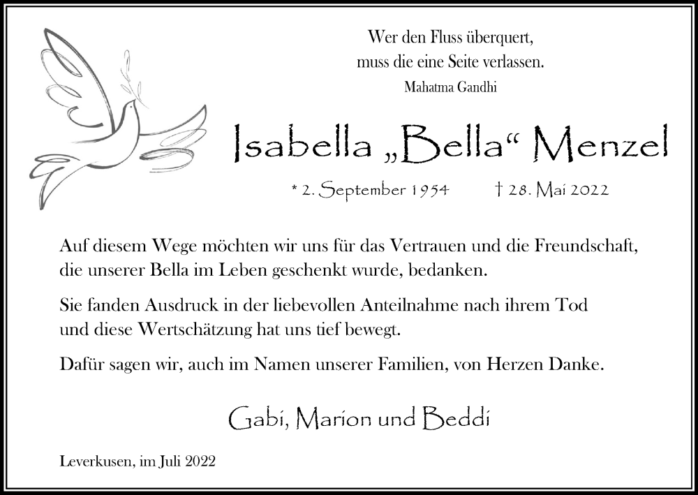  Traueranzeige für Isabella Menzel vom 09.07.2022 aus Kölner Stadt-Anzeiger / Kölnische Rundschau / Express