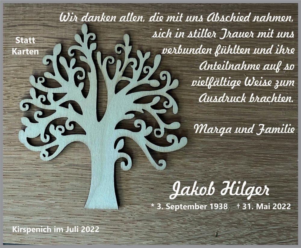  Traueranzeige für Jakob Hilger vom 30.07.2022 aus  Blickpunkt Euskirchen 