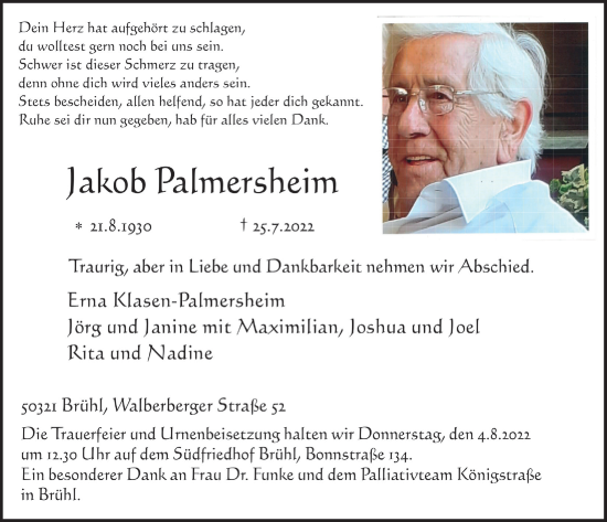 Anzeige von Jakob Palmersheim von  Schlossbote/Werbekurier 