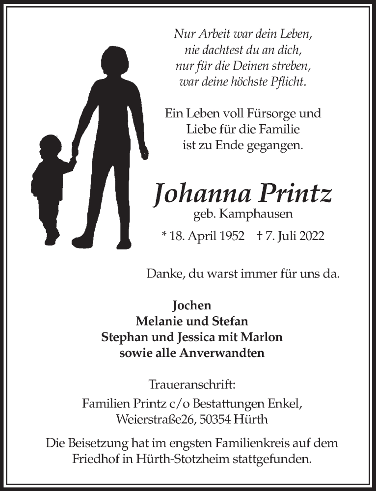  Traueranzeige für Johanna Printz vom 15.07.2022 aus  Wochenende 