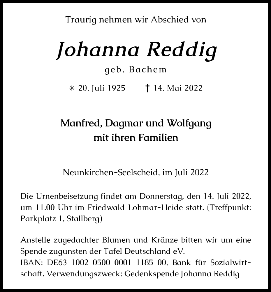  Traueranzeige für Johanna Reddig vom 09.07.2022 aus Kölner Stadt-Anzeiger / Kölnische Rundschau / Express