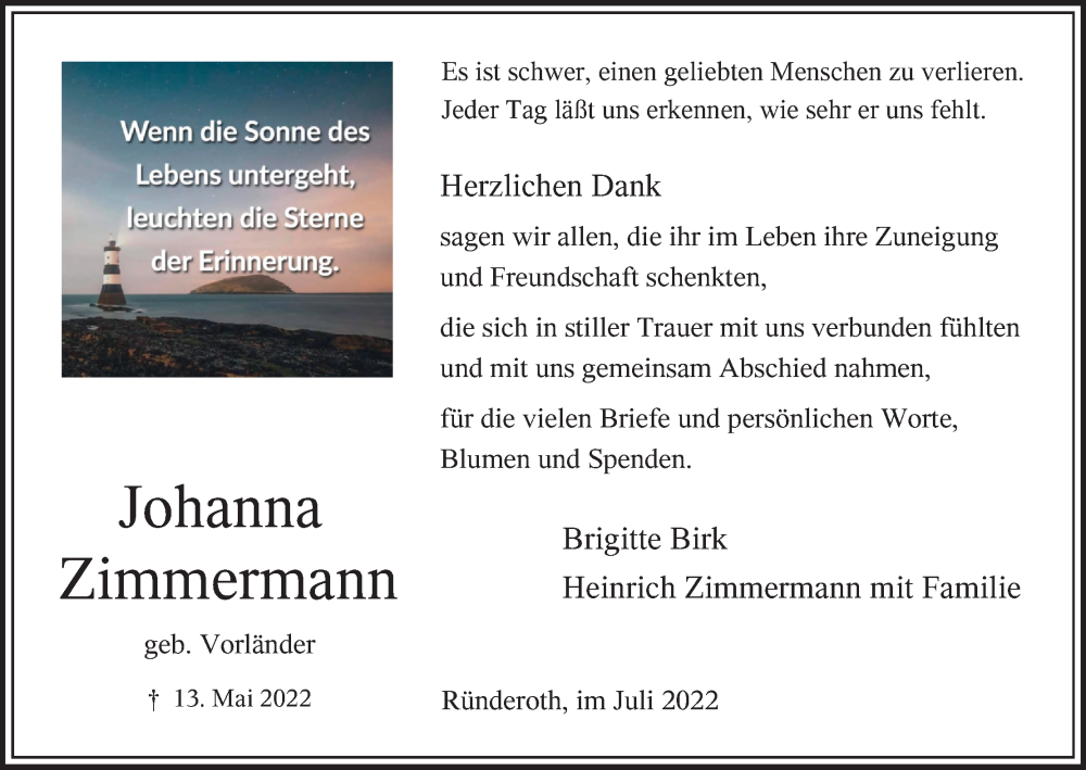  Traueranzeige für Johanna Zimmermann vom 22.07.2022 aus Kölner Stadt-Anzeiger / Kölnische Rundschau / Express